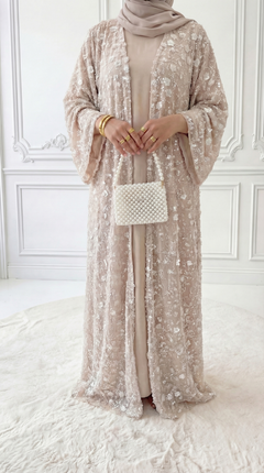 Abaya "Yasemin" Blanc Crème Rosé : Kimono + Sous Robe + Hijab Assorti