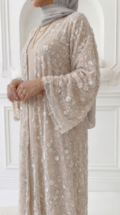 Abaya "Yasemin" Blanc Crème Rosé : Kimono + Sous Robe + Hijab Assorti