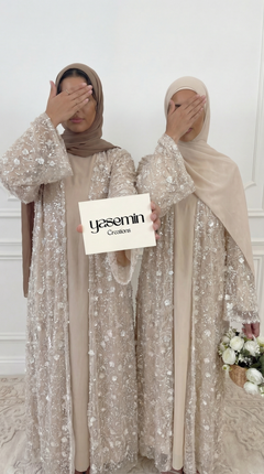 Abaya "Yasemin" Blanc Crème Rosé : Kimono + Sous Robe + Hijab Assorti