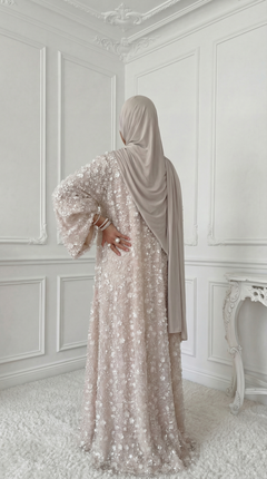 Abaya "Yasemin" Blanc Crème Rosé : Kimono + Sous Robe + Hijab Assorti