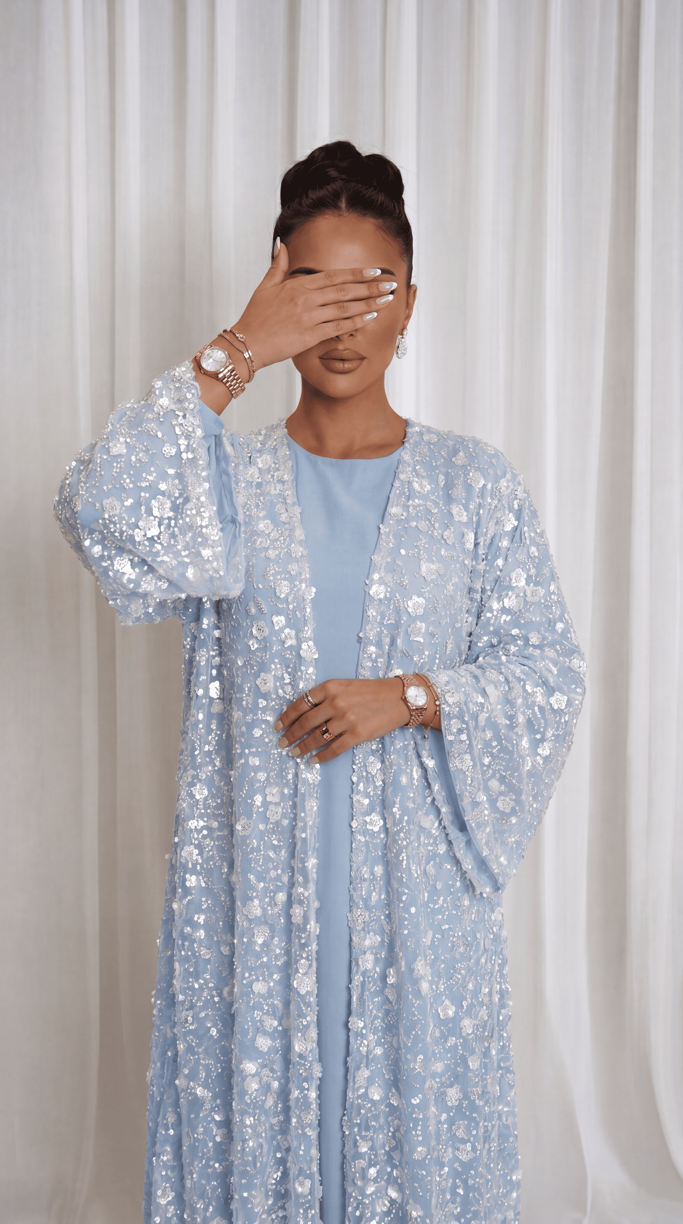 Blue "Yasemin" Abaya Set: Kimono + Under Dress + Matching Hijab