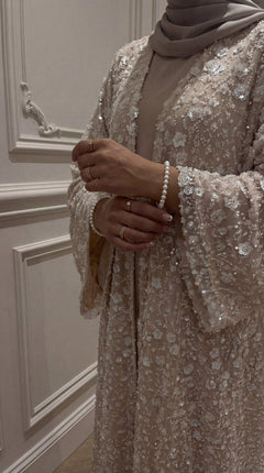 Abaya "Yasemin" Blanc Crème Rosé : Kimono + Sous Robe + Hijab Assorti